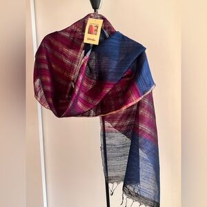 NWT Handwoven FabIndia 100% Silk Dupatta Stole Scarf cobalt blue magenta w zari